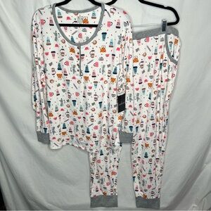 NWT Cuddl Duds Pajama Set Women's 3X White Coffee Print Henley Jogger 2 Piece